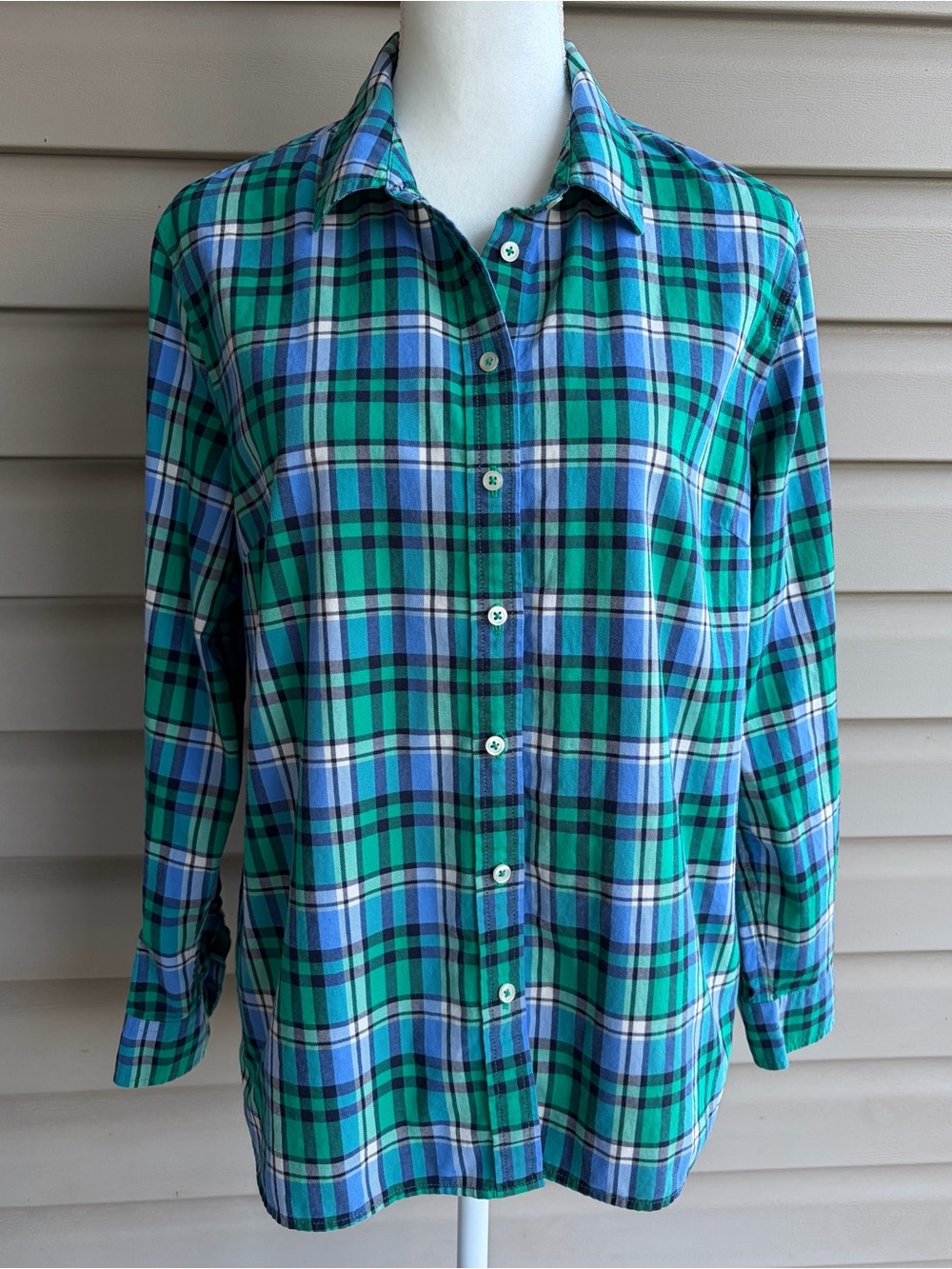 •Talbots• 100% Cotton Green/Blue/Teal Plaid Button Down Shirt - Size XL Petite
